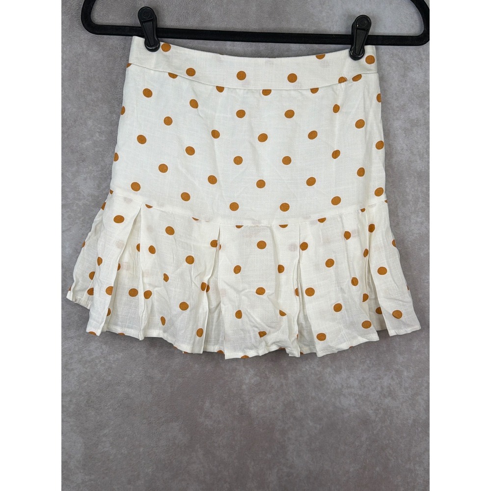 Kirious Los Angeles Mini Skirt Women XS White Gold Polka Dot Pleated Rayon Linen